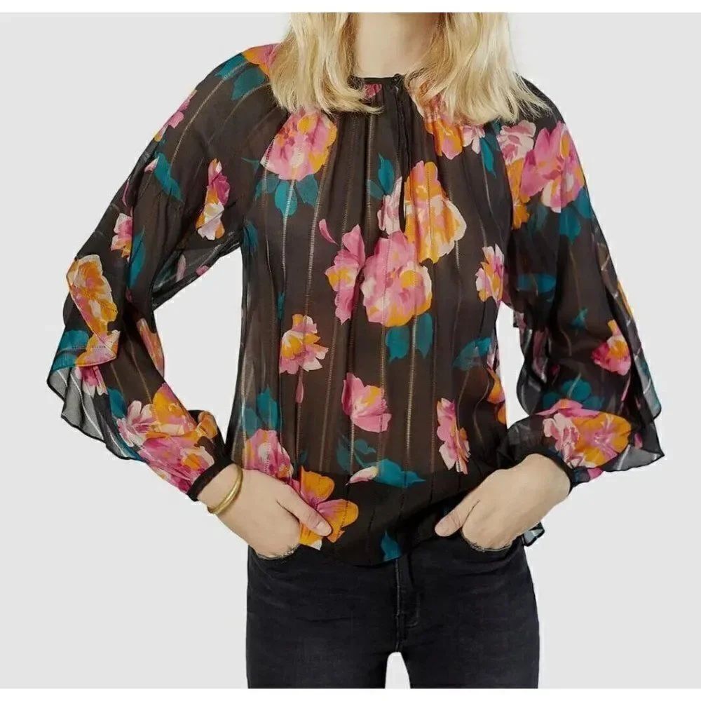 Joie Kriston Floral Print Semi Sheer Silk Blouse Caviar Color Size Large